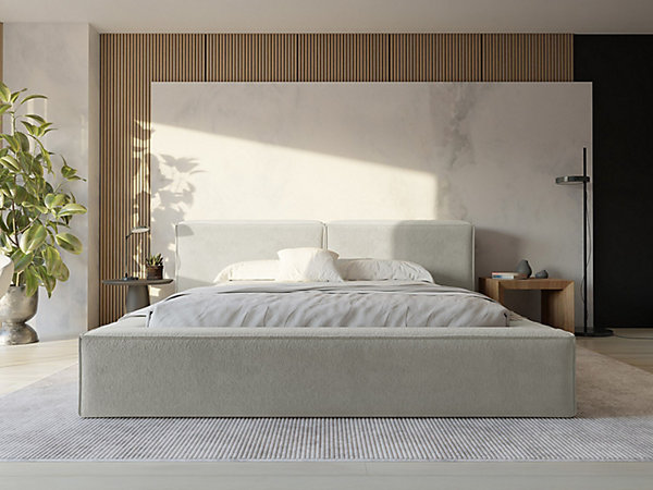 Lit coffre 140 x 190 cm - Tissu bouclette - Beige - TIMANO
