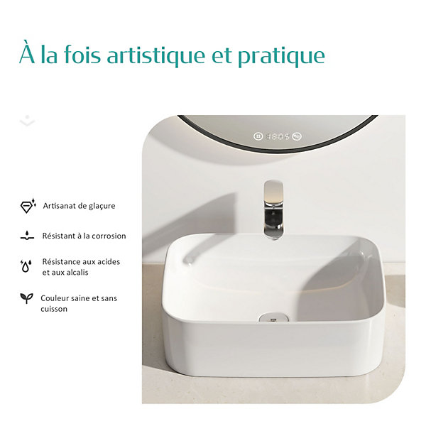 EMKE Vasque à poser céramique 61x38x15cm, Lavabo salle de bain rectangulaire, Lavabo en céramique blanc brillant