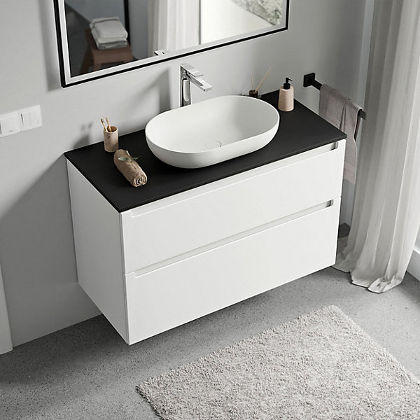 Meuble sous vasque suspendu MDF Blanc mat, plan vasque Noir mat, tiroirs pivotants - 100x46x62cm - VIREO