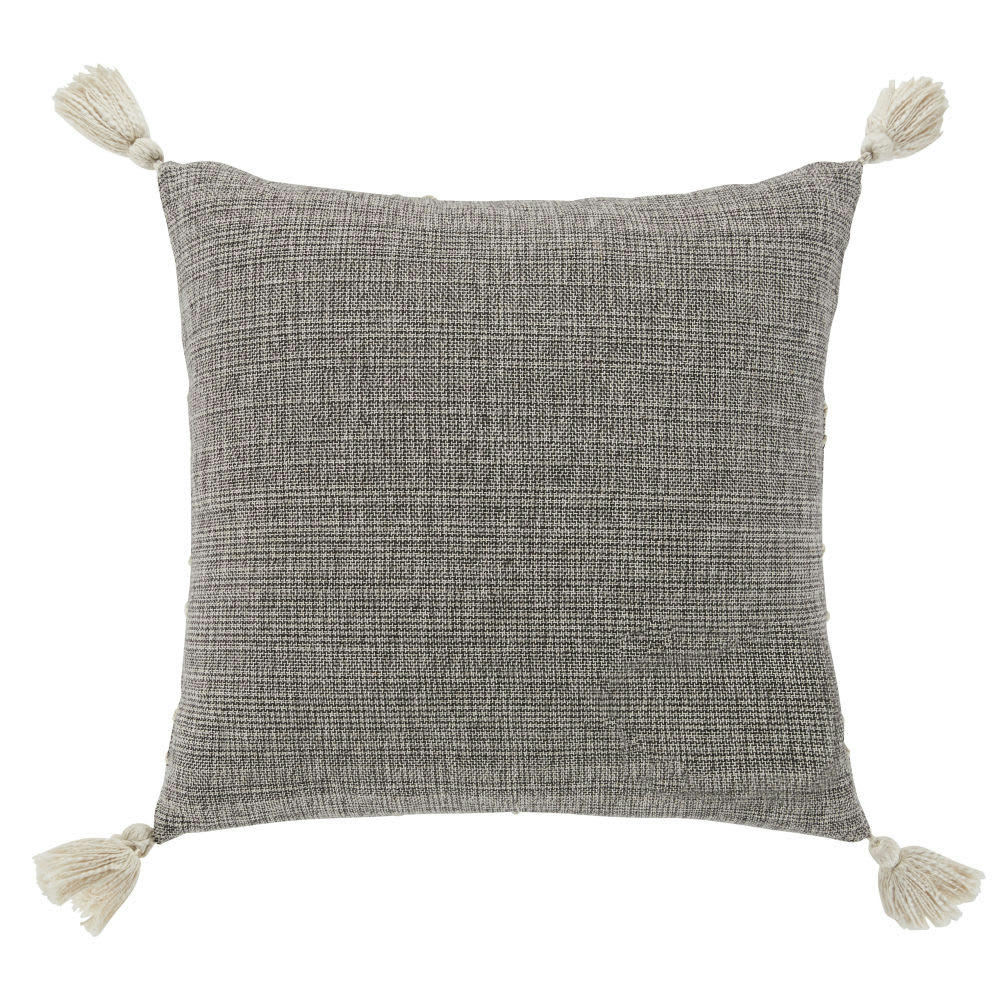 HABANA - Coussin en coton tissé gris motifs graphiques brodés écrus 45x45
