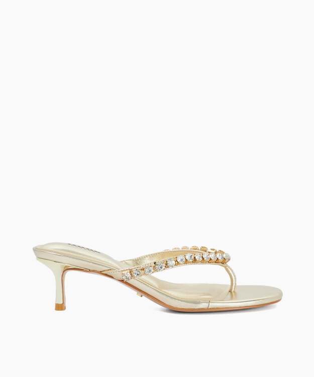 Mimis Gold - Leather Jewel Strap Kitten Heel Mules