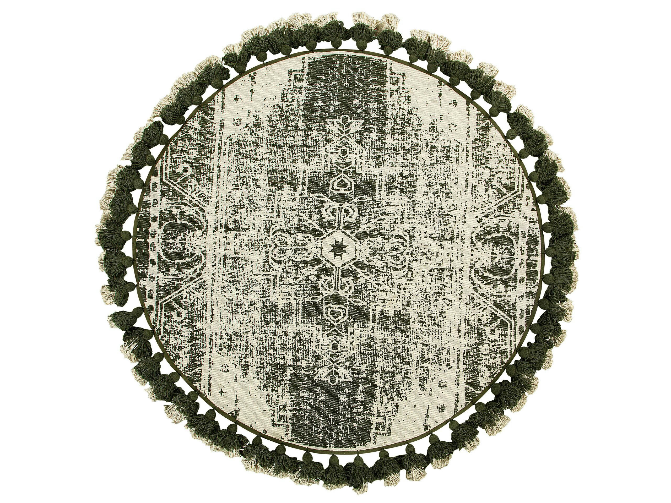 KAHTA - Tapis rond à franges blanc crème et vert D120cm