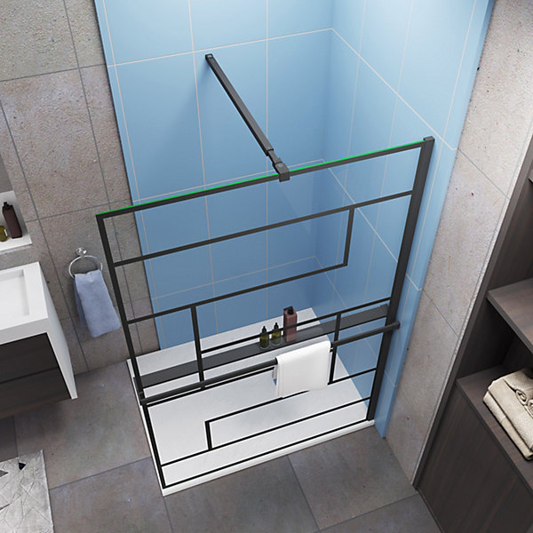 Paroi de douche fixe noir 140x200 cm verre 8mm anticalcaire style moderne   étagère alu 140 cm   barre fixation 73-120 cm