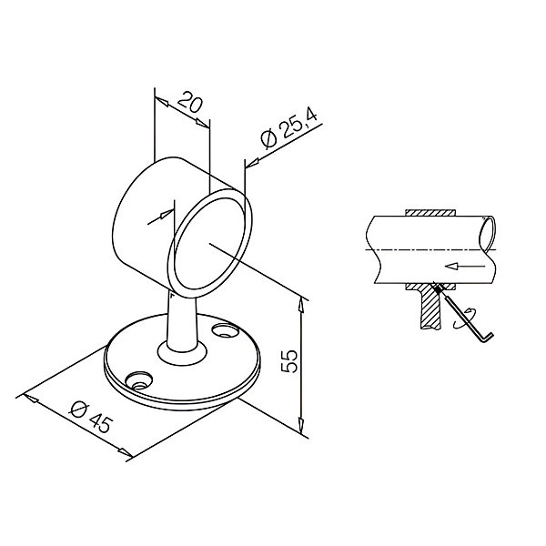 2 x Support traversant pour tube diam. 25,4 mm - 2 vis de fixation - Zamac aspect laiton poli