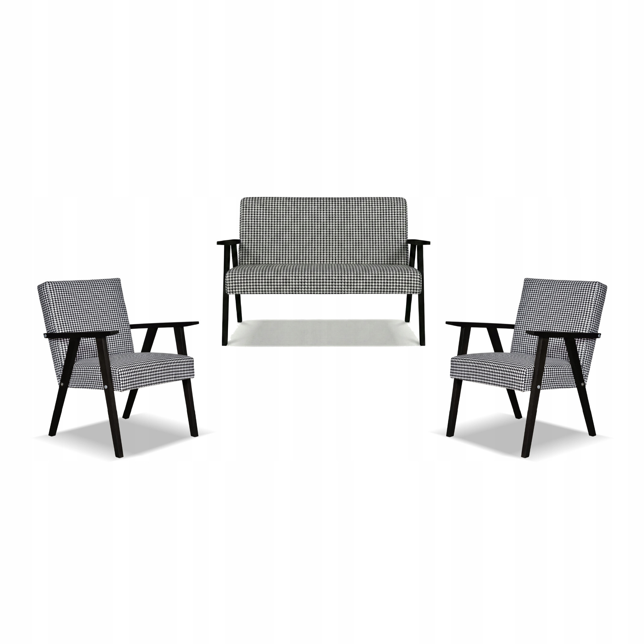 Zestaw mebli PRL retro SOLER sofa fotele Family Meble pepitka czarno biała