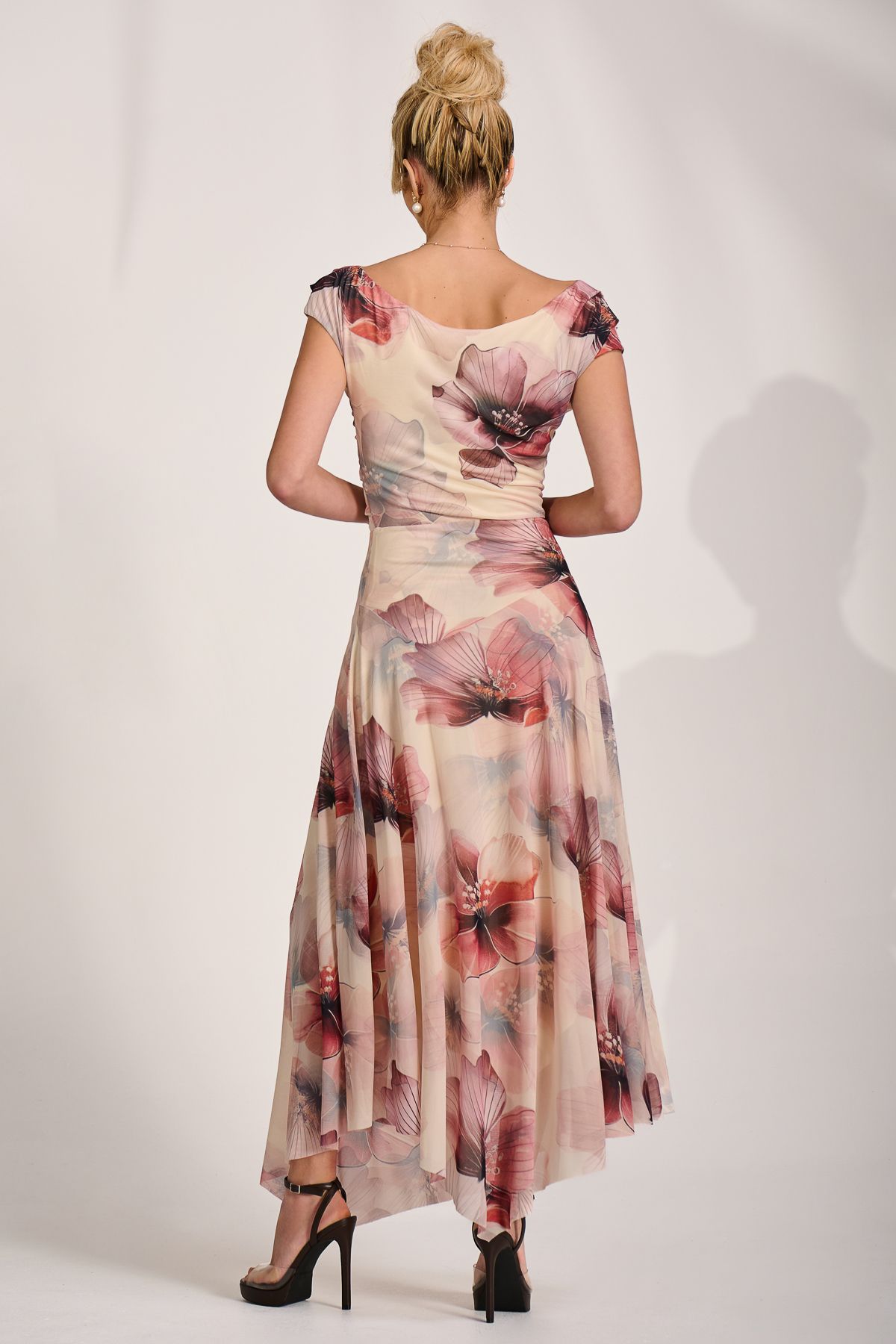 Jolie Moi Asymmetrical Draped Mesh Maxi Dress