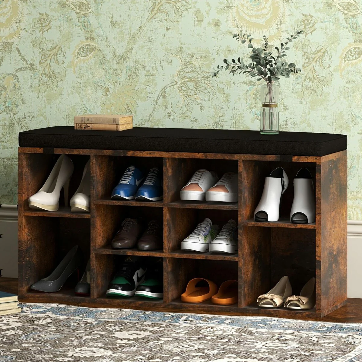 Entryway Shoe Bench with Storage, Padded Seat 40.9 inch