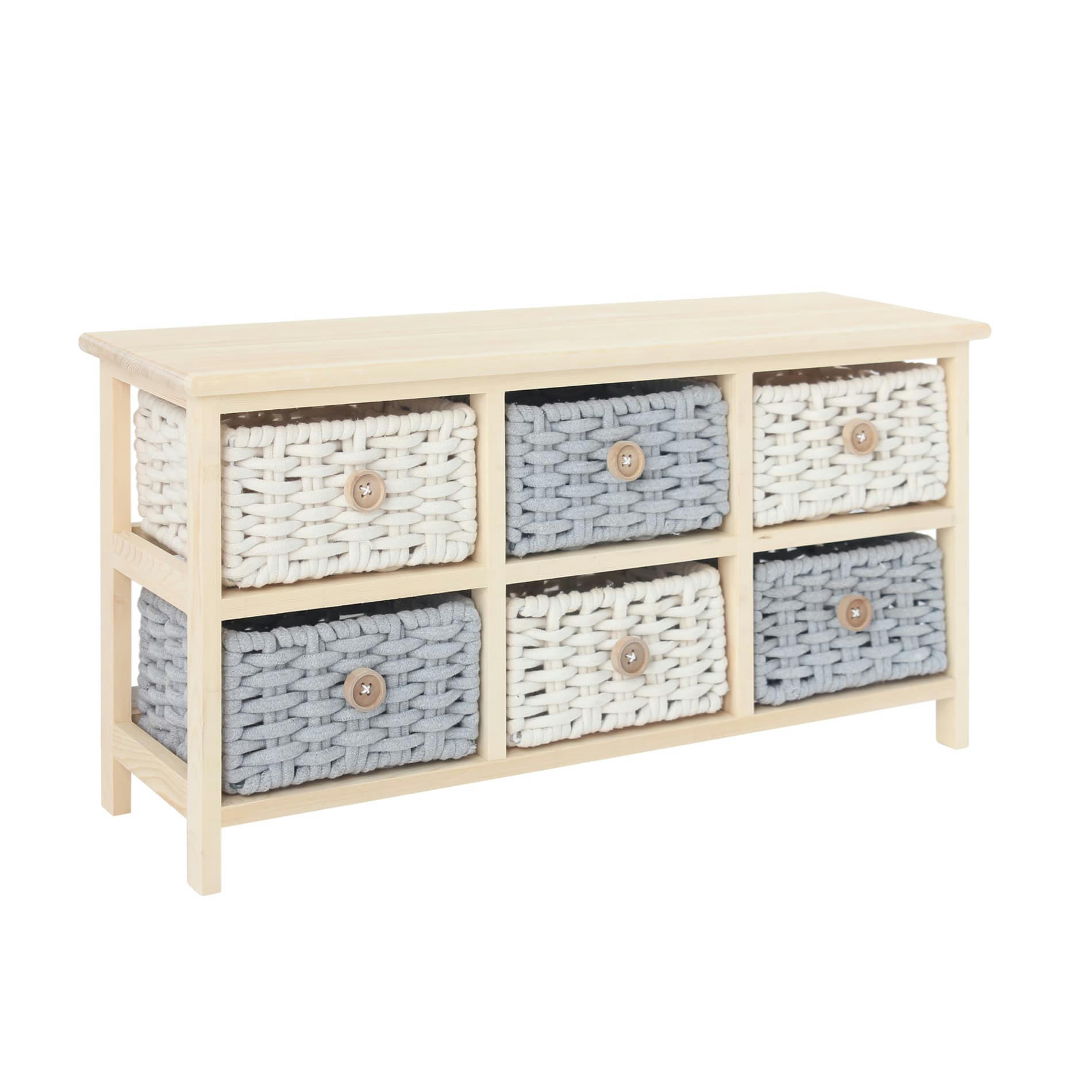 NORDIC - Banc 6 tiroirs en bois de pin et coton beige blanc et gris