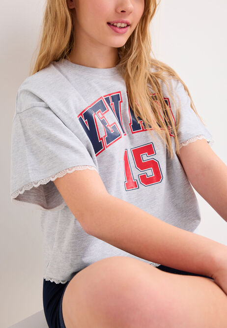 Older Girls Grey Nevada Lace Trim T-Shirt