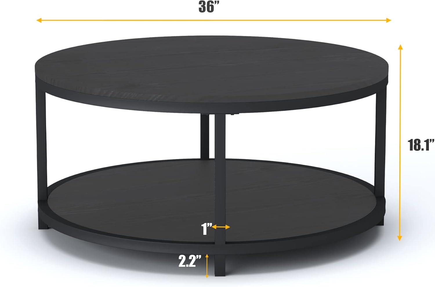 NSdirect Round Coffee Table, 36 Rustic Wooden Surface Top & Sturdy Metal Legs Industrial Sofa Table for Living Room Modern Design Home Furniture with Storage Open Shelf (Black Oak)