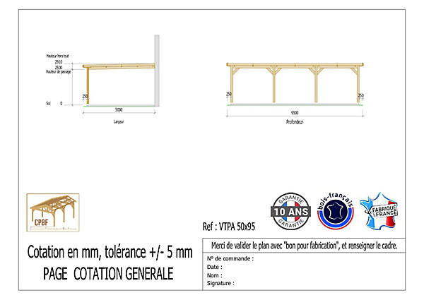 Carport adossé toit plat 500cmx950cm, bois DOUGLAS Français (Charpente en bois-auvent-abri voiture) 47,50 m². Garantie 10 ans
