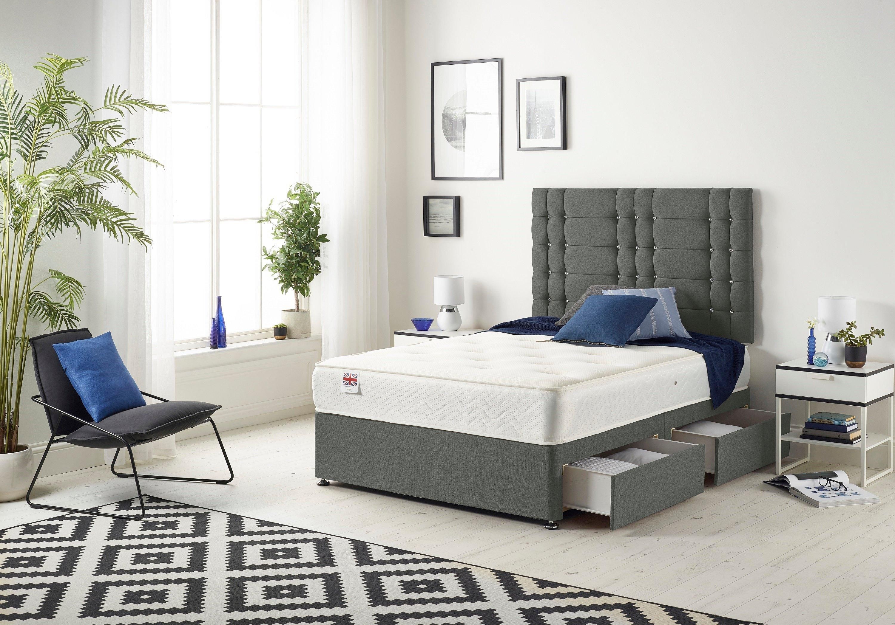 Somnior Bliss Sprung Memory Foam 2 Drawer Divan Bed Set with Upholstered Headboard Linen Fabric