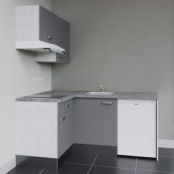 Kitchenette KA02 façades Gris - Plan de travail Gris béton - Crédences : Non - Evier inox - Electroménager Blanc inclus