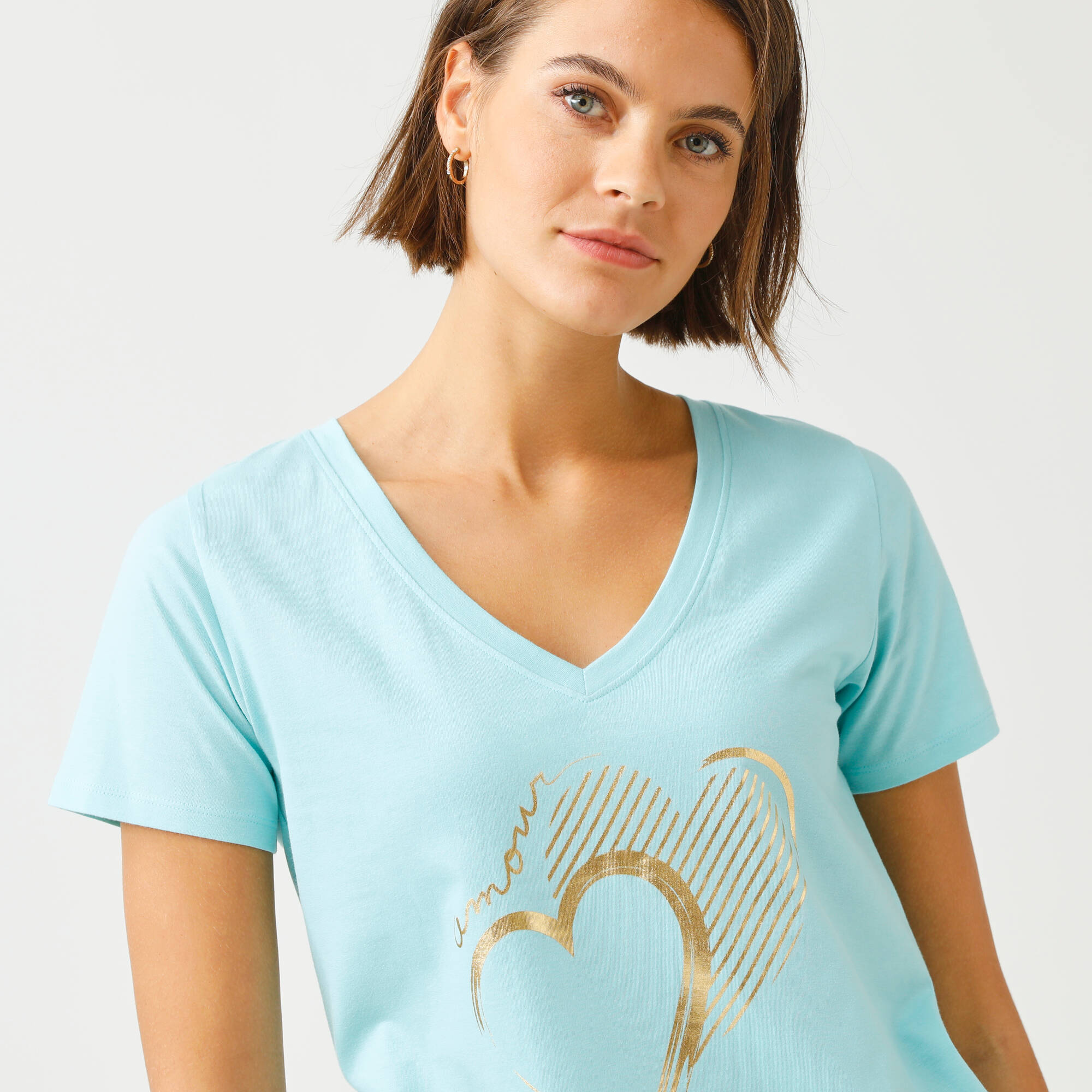 T-shirt col V imprimé doré