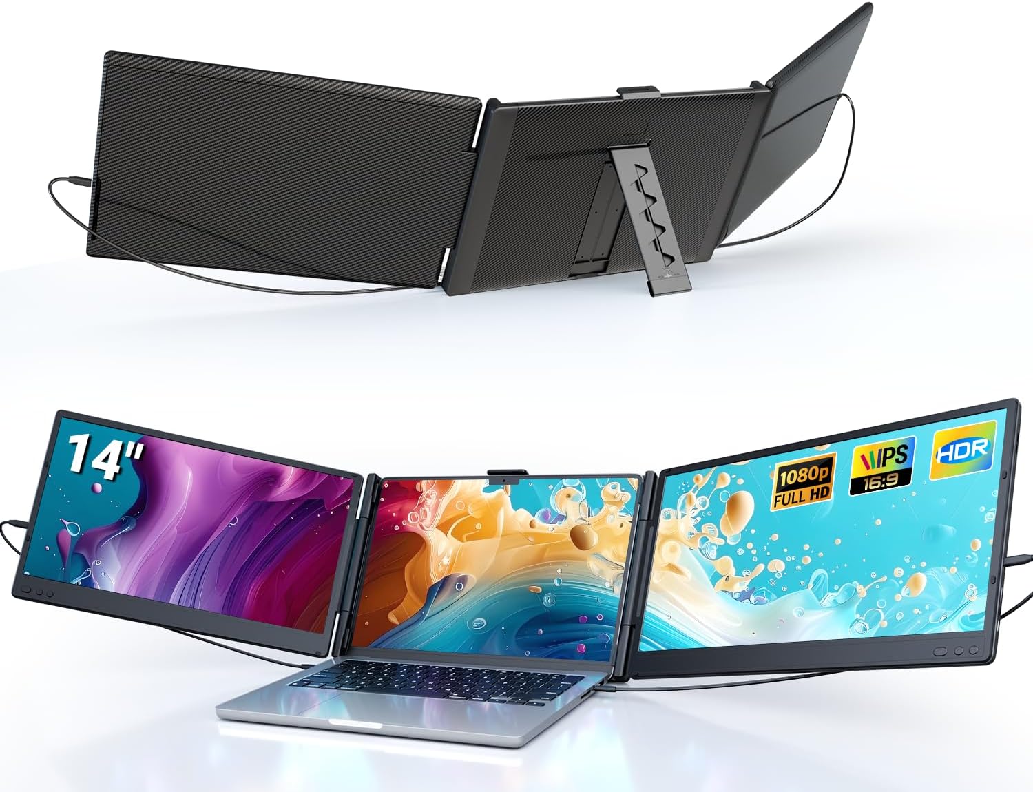 Ygretyrjh Laptop Screen Extender  14 Triple Portable Monitor for Laptop  1080P FHD IPS Screen Extender Monitors for 13-17  Travel Monitor for Mac/Windows/Chrome  Built-in Speakers