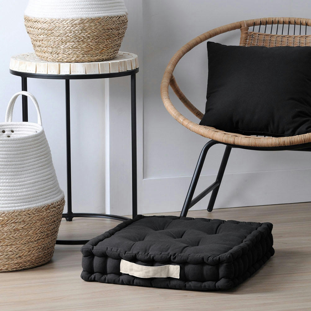 NOIR - Coussin de sol épais en coton noir 45x45