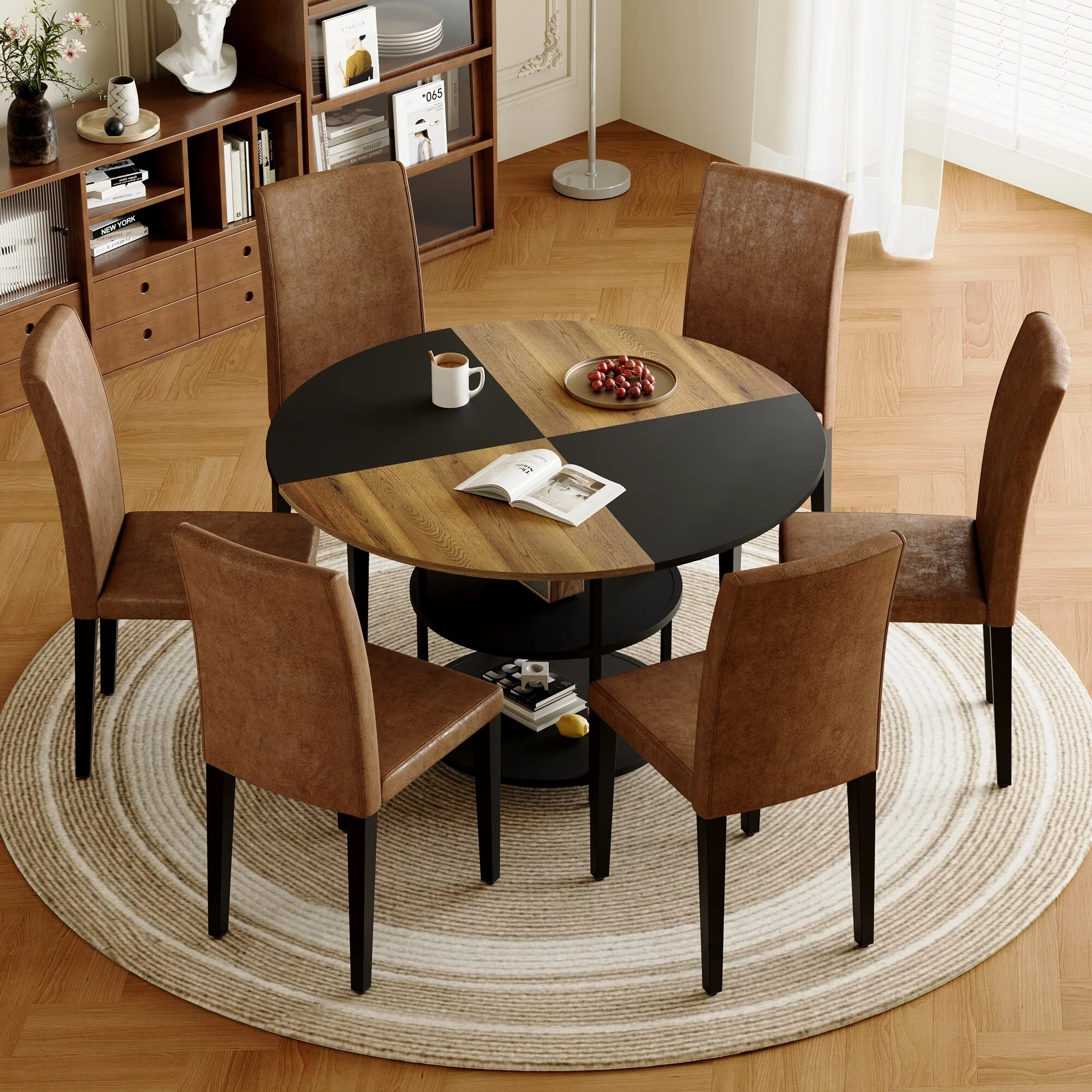 47.3 Round Dining Table Set for 6 with 6 Upholstered Chairs, Double-Layer Storage Dining Table for Home, Dining Room