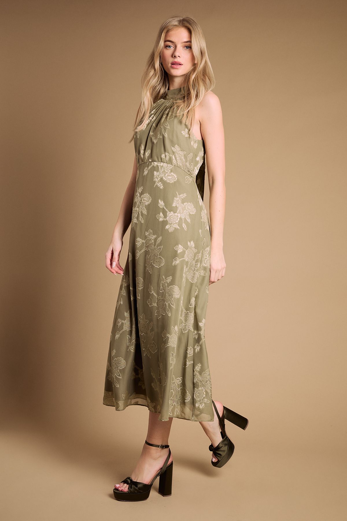 Oasis Melody Olive Satin Knotted Platform High Block Heel Sandals