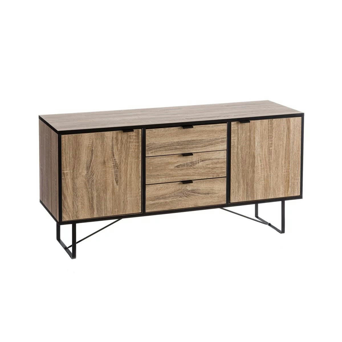 - Buffet 2 placards + 3 tiroirs bois et métal noir