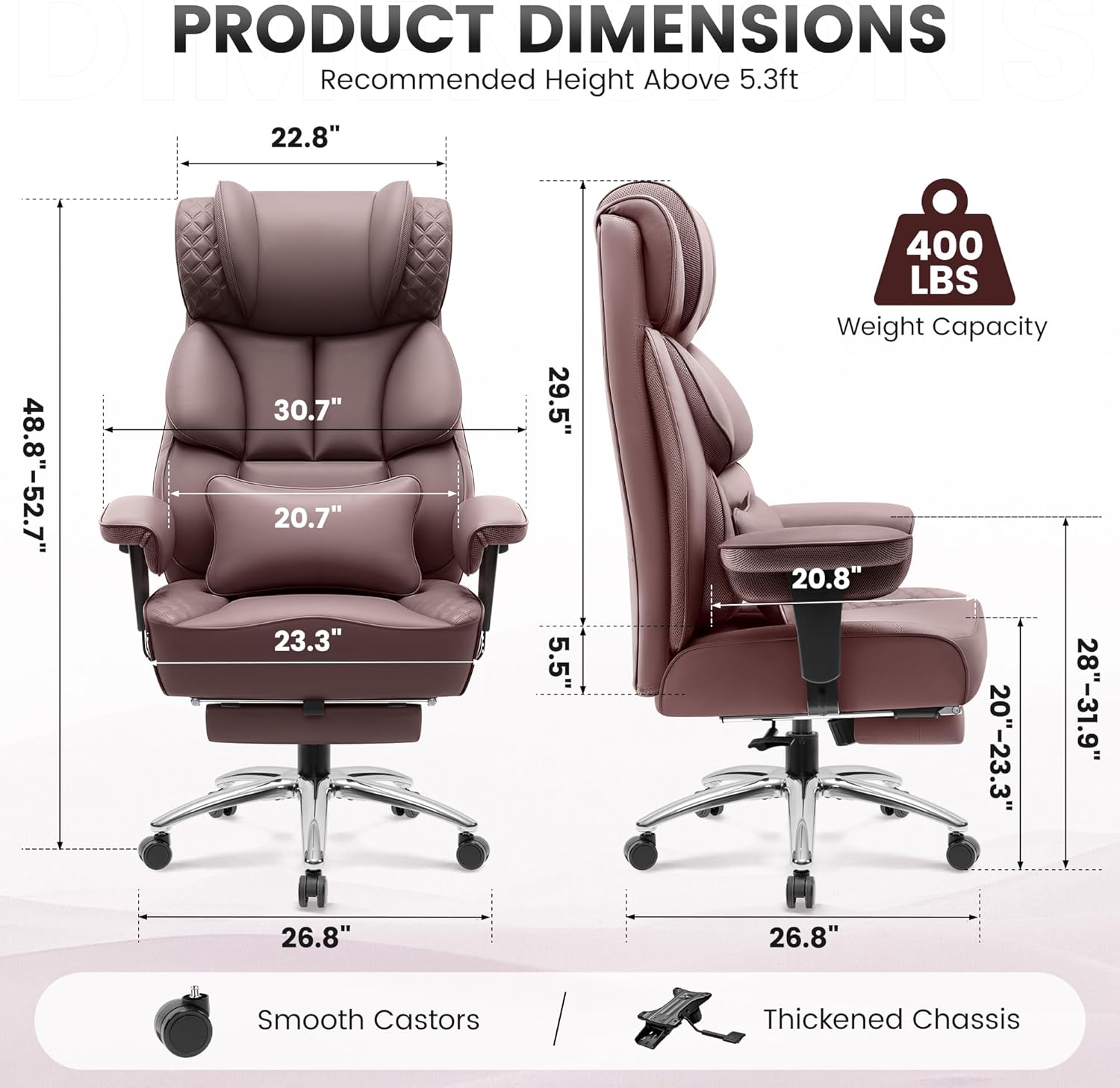 BestGlory Office Desk Chair, Big and Tall Leather Gaming Chair with Footrest, Wide Ergonomic Comfy Executive High-Back Reclining Computer Chairs, Swivel Rolling Wheels and Padded Lumbar Support,Coffee