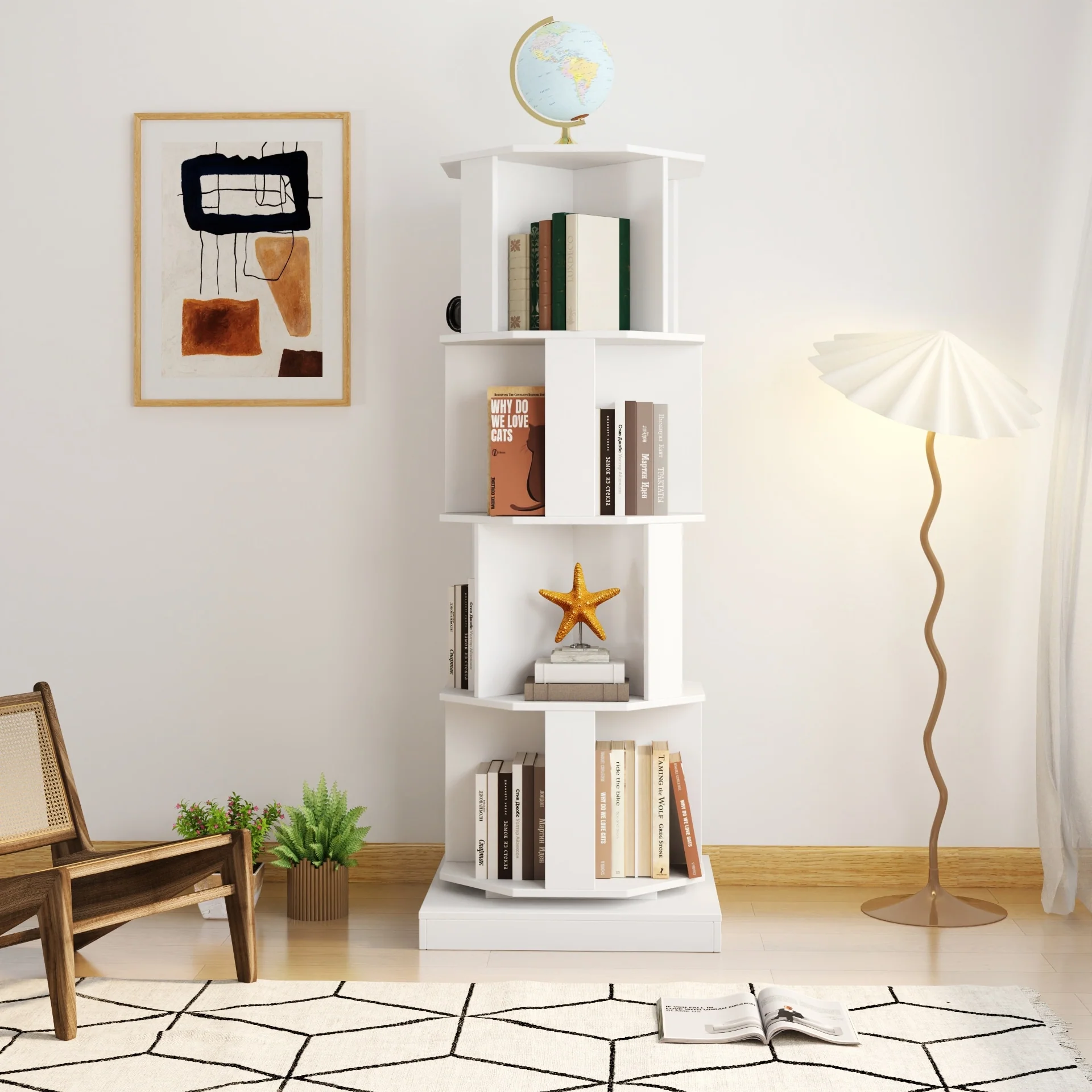 4 Tier Rotating Bookshelf, 360° Revolving Bookcase Rotating Stackable Shelves Floor-Standing Storage Display Rack