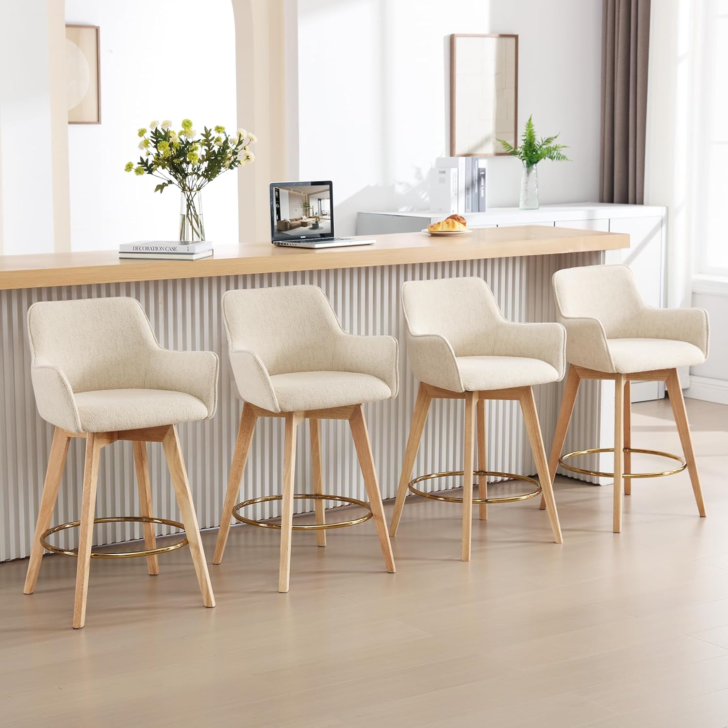 ONEVOG Modern 26 Counter Height Bar Stools Set of 4, Swivel Kitchen Island Tall Chairs with Back, Arm, Footrest and Solid Wood Legs, Linen Fabric Upholstered Farmhouse Barstools for Countertop, Beige