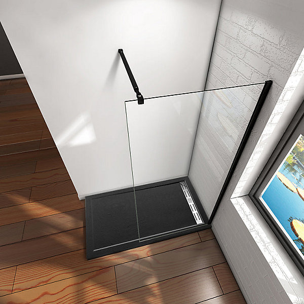 Aica Paroi De Douche 60x200cm Noire Mat En 8mm Verre Anticalcaire Livré Avec La Barre De Fixation Extensible Noire Mat