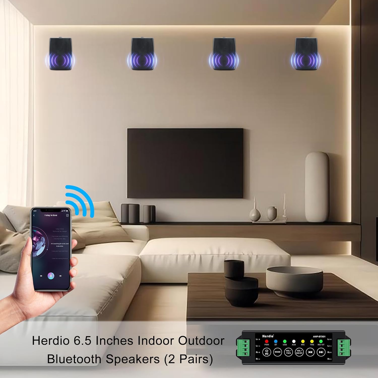 Herdio 6.5 Inch 800W Outdoor Bluetooth Speakers Wired Waterproof with Multifunctional Amplifier, Wall Mount Speaker System for Patio Home Poolside Deck Backyard(2 Pairs,Black)