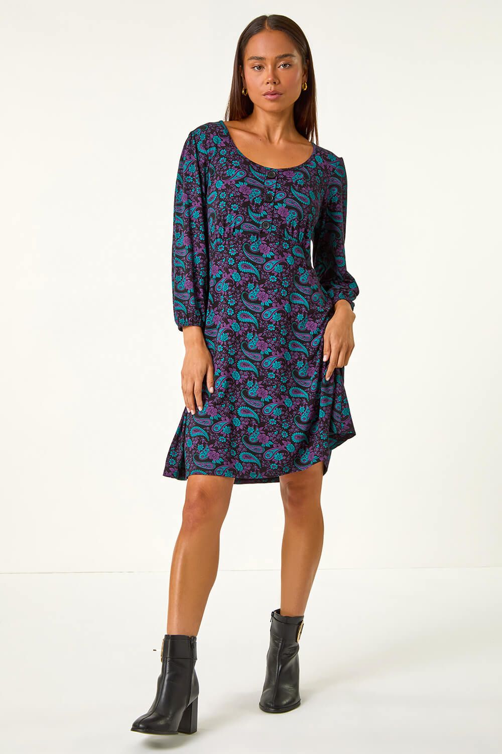 Roman Petite Paisley Print Button Stretch Dress