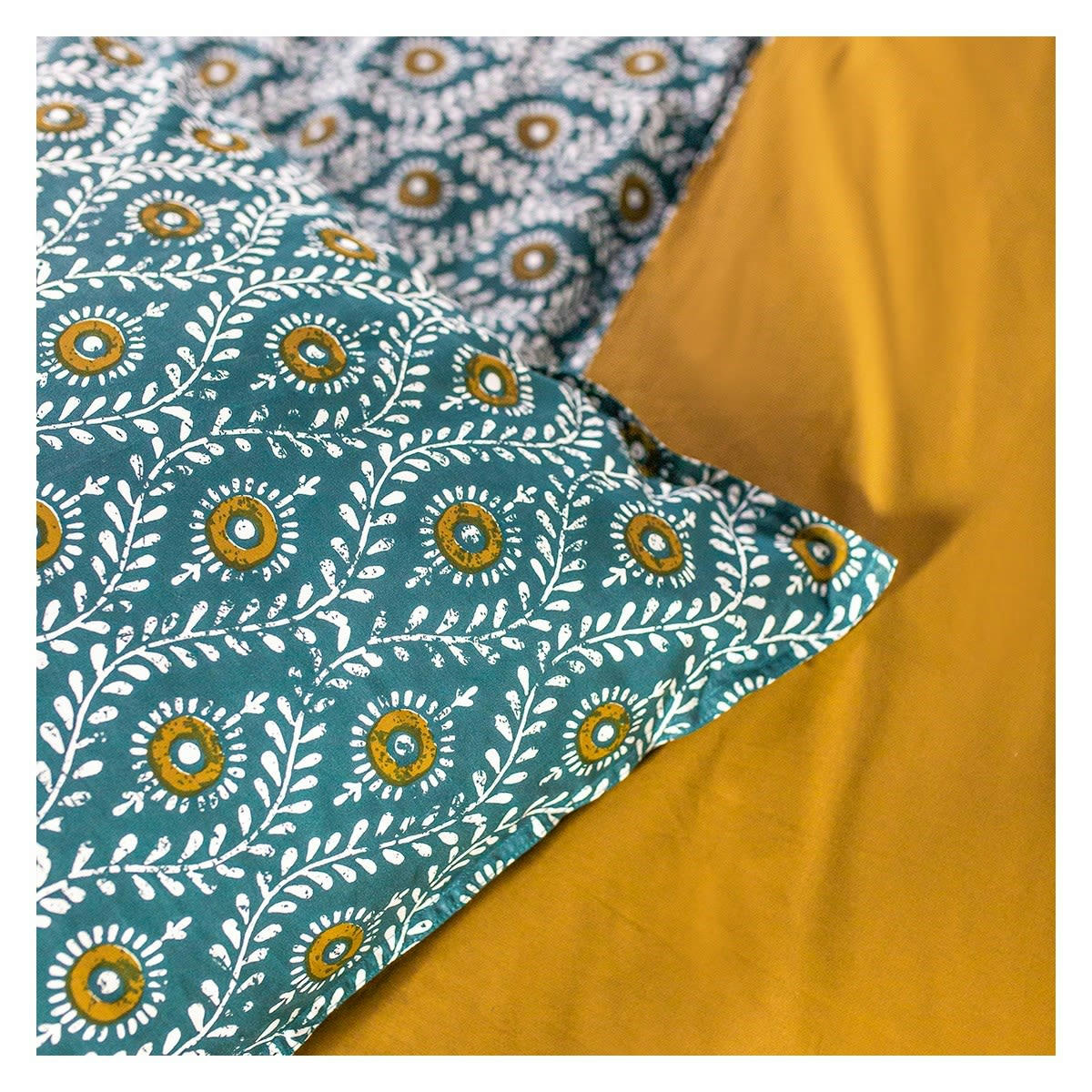 KERALA - Parure de lit 2 personnes imprimé bohème en Coton Bleu 220x240 cm