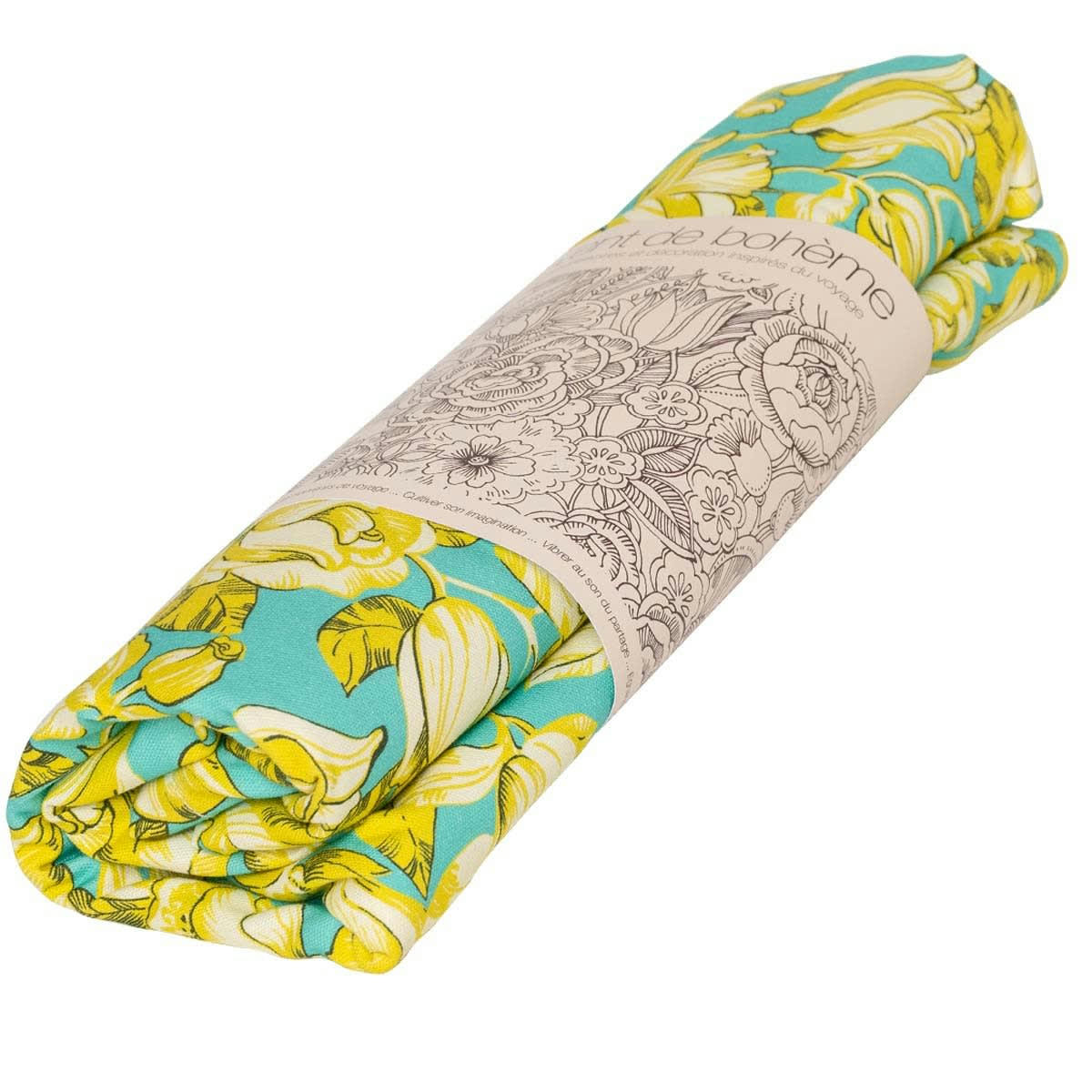 APONI - Nappe grand format en coton imprimé fleuri turquoise 140x235