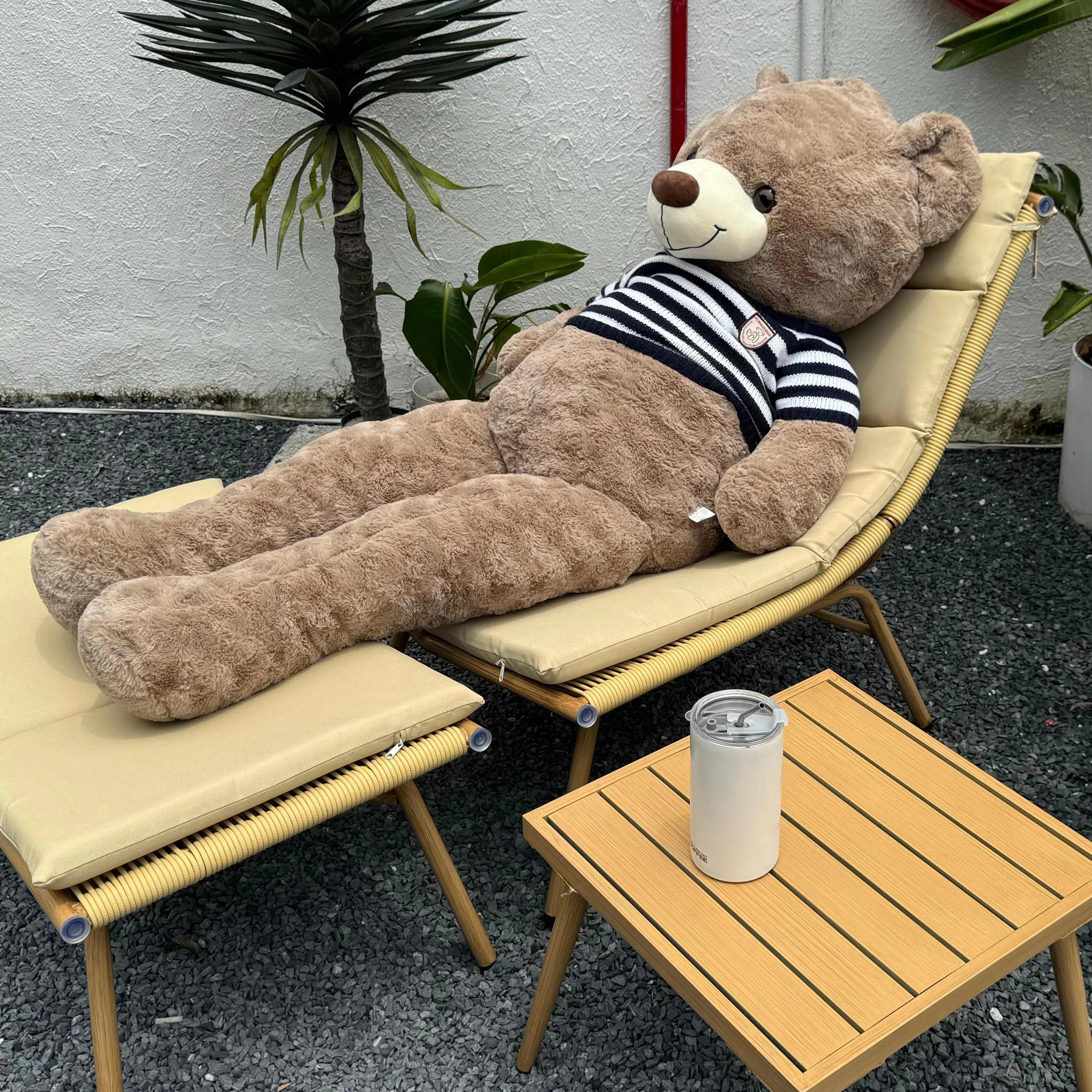 Outdoor Chaise Lounge Chair Set of 3 with Side Table & Footrest, Recliner Chair Sunbathing Chair with Cushion