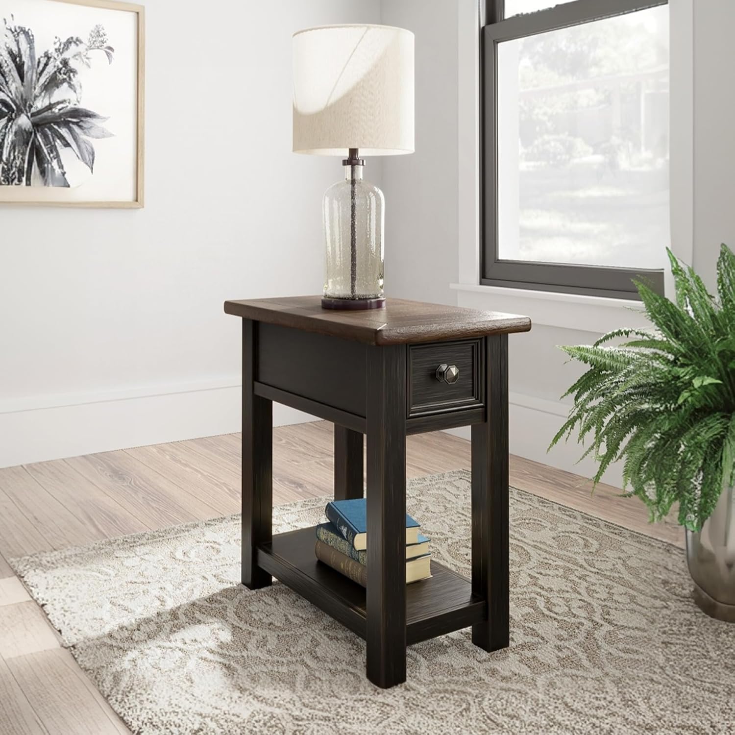 Signature Design by Ashley Tyler Creek Chair Side End Table, Plank-styled Top, Smooth-gliding Drawer, Wood, 14.13 W x 24.13 D x 24.13 H, Light Brown & Whitewash
