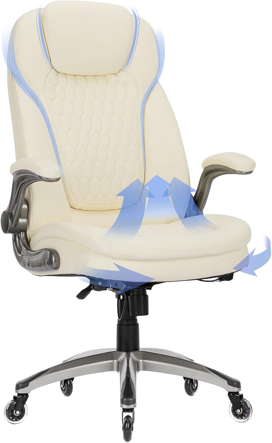 COLAMY Ergonomic High Back Office Chair, Ivory Bonded Leather Executive Desk Chair with Flip-up Arms, Thick Cushion, Silent Nylon Wheels, Adjustable Height & Rocking Function, 300lbs Capacity