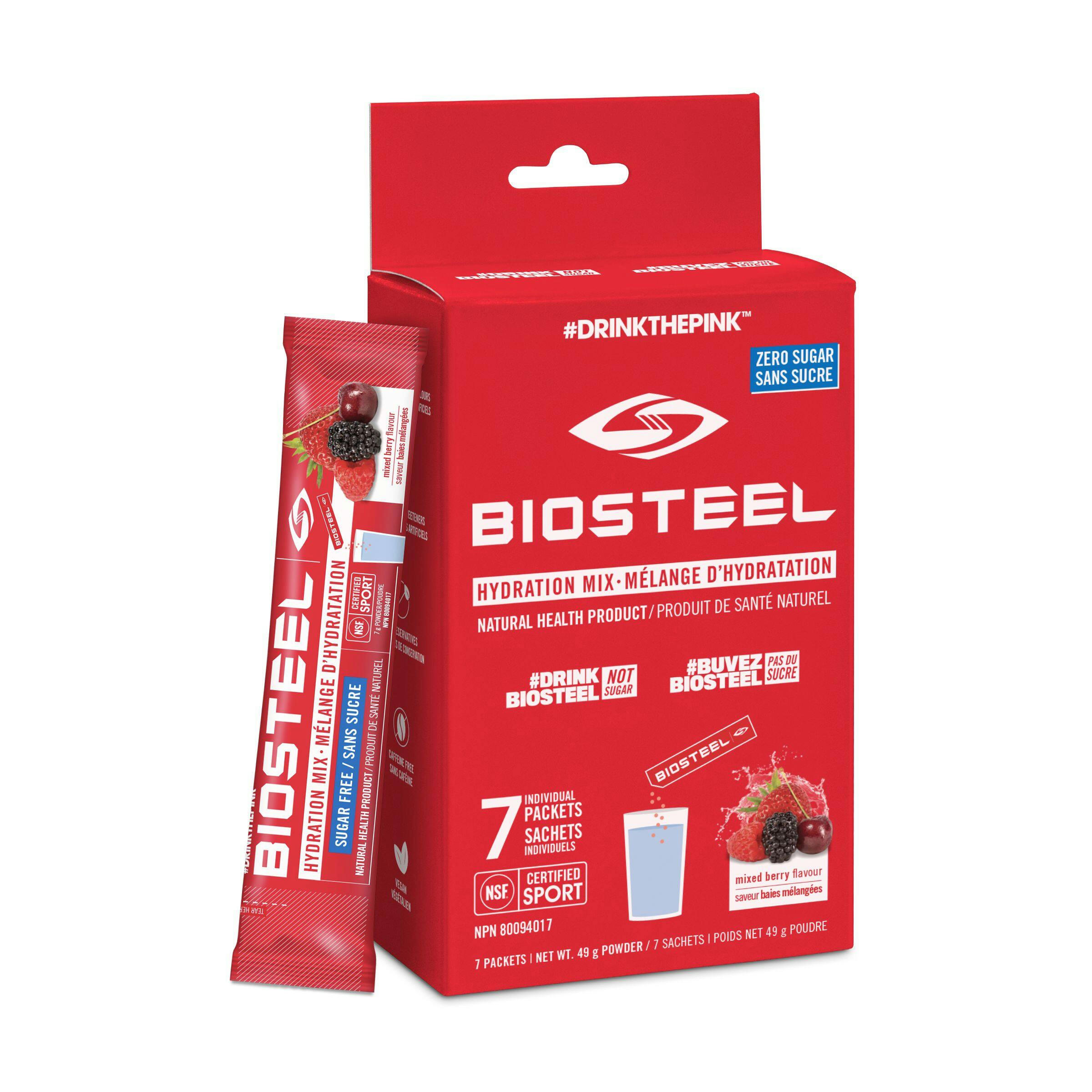 BioSteel Zero Sugar Hydration Powder Mix, Natural Health Product, Mixed Berry, 7-Packet Box
