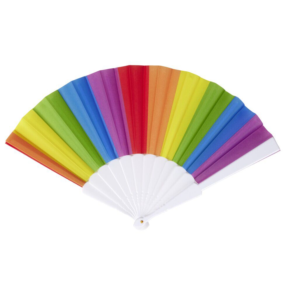éventail arc-en-ciel tissu multicolore et plastique 23x27cm