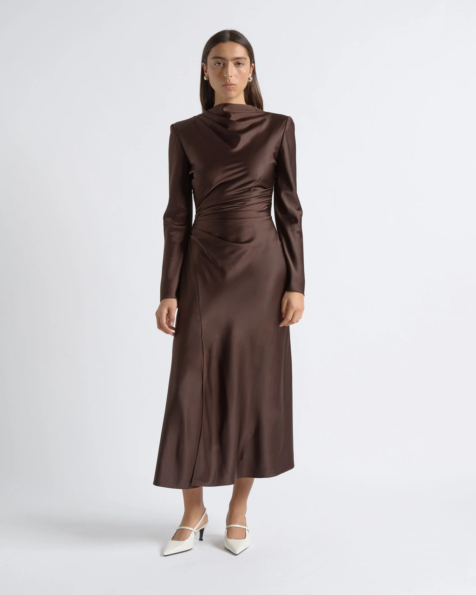 Matte Satin Viscose Gathered Midi Dress