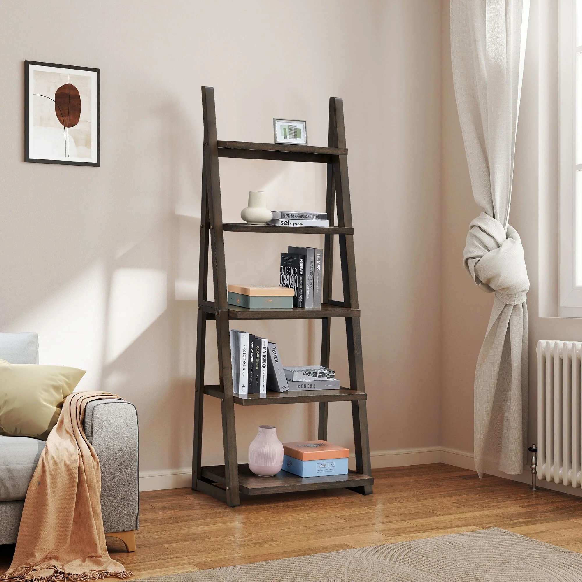 5-Tier Shelves,Bookshelf, Storage Rack, Bookcase with Rubber Wood Frame, Ladder Shelf