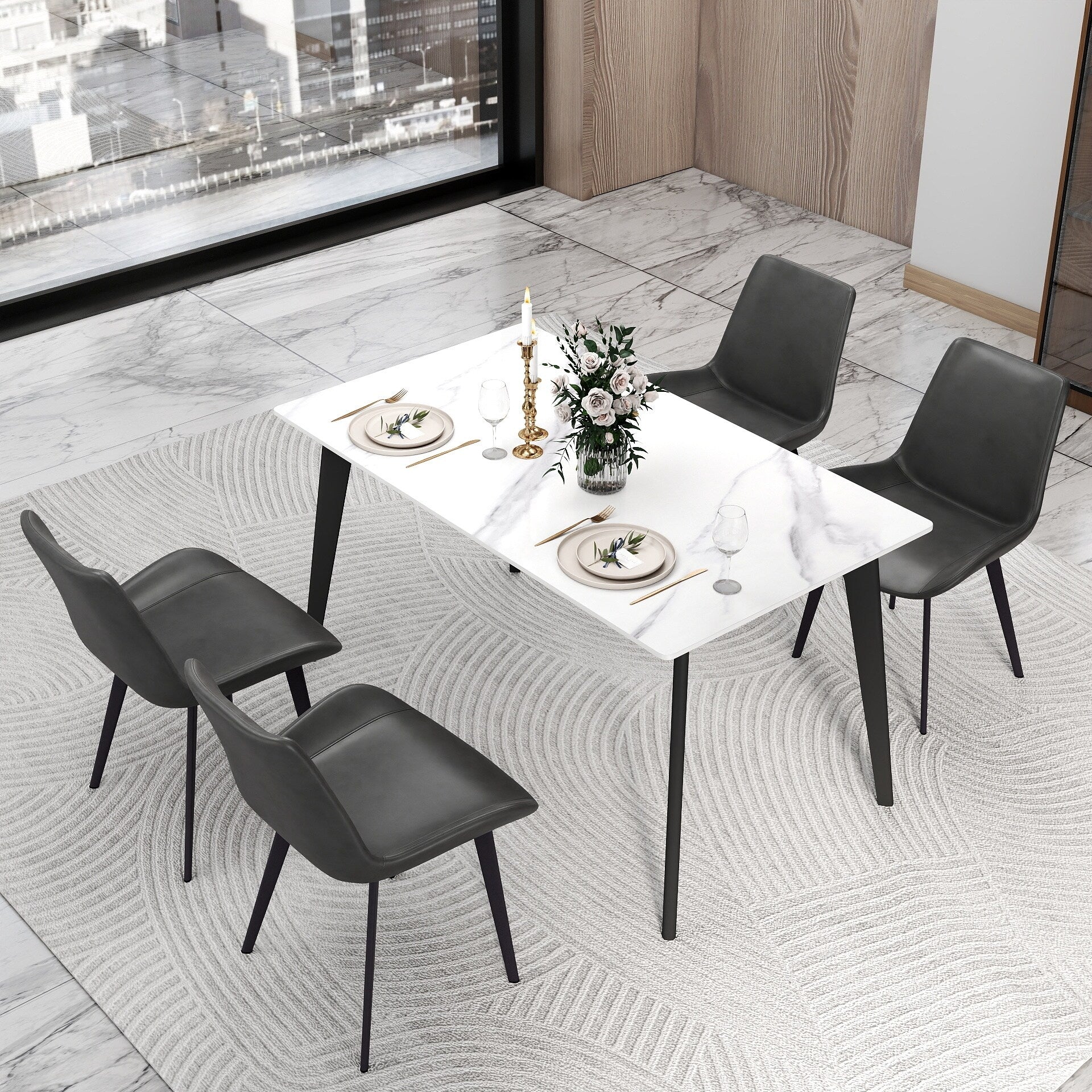 55 inch Dining Table for 4, Modern Sintered Stone Dining Room Table, Rectanglur Kitchen Table with Black Metal Legs
