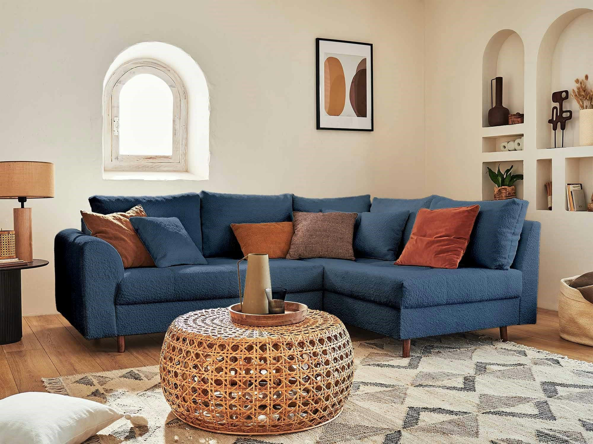 RUNE - Canapé d'angle droit 4 places en tissu bouclette bleu nuit