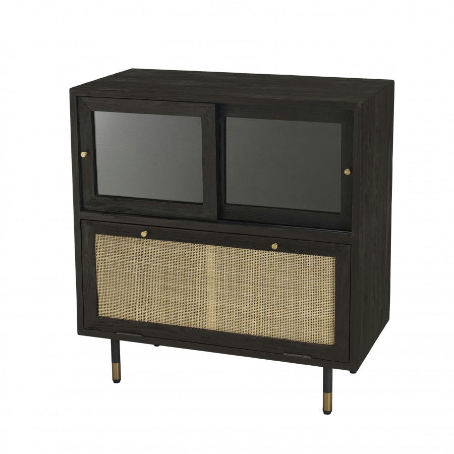 YANIS - Buffet 2 portes en verre 1 porte abattante cannage en pin noir