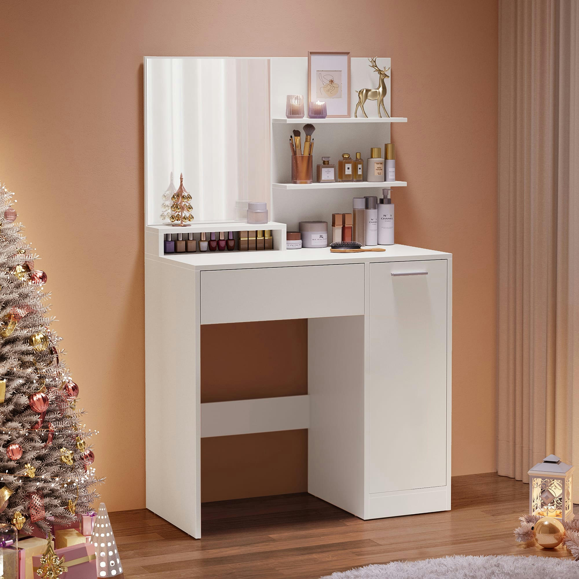 - Coiffeuse avec miroir effet bois blanc