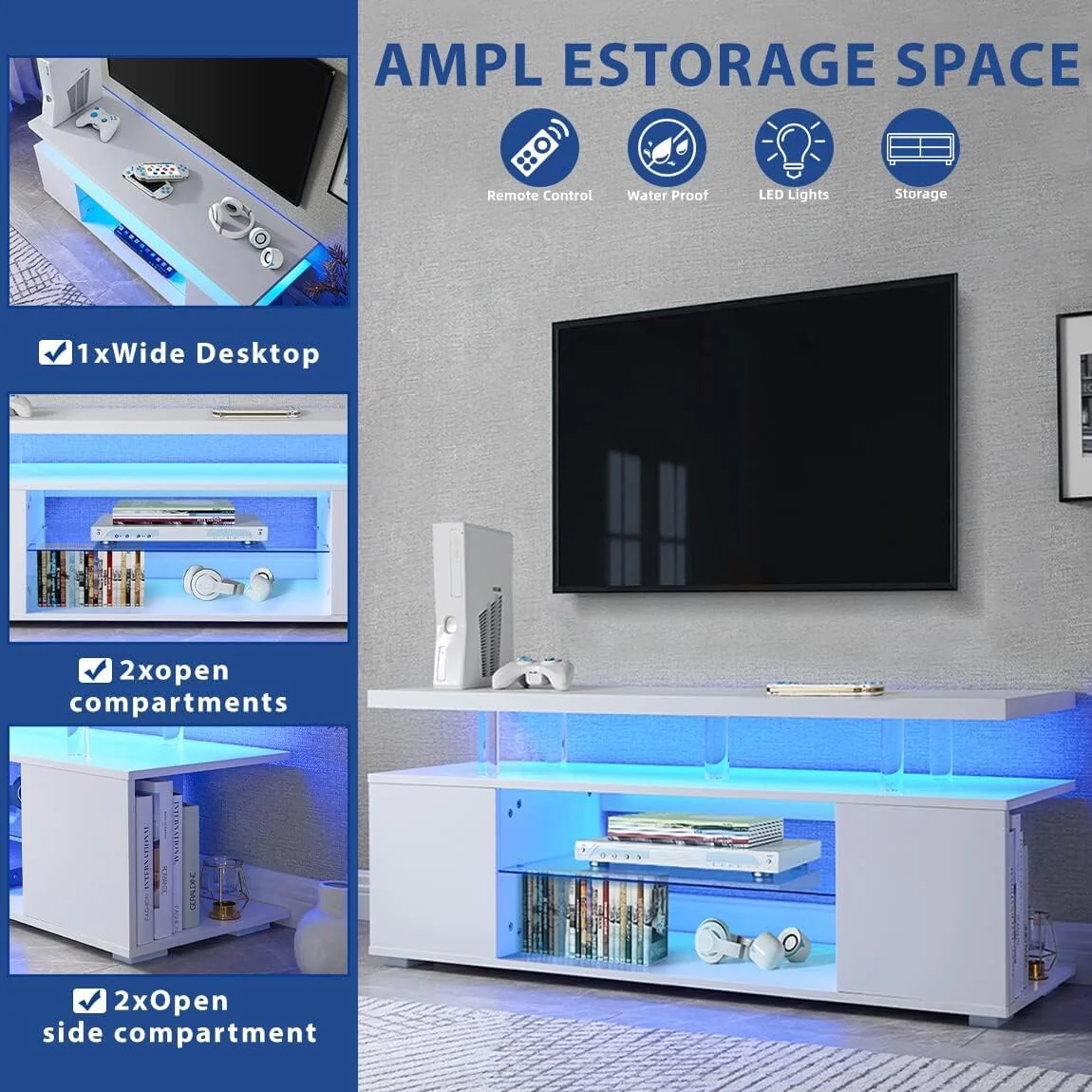 White 63 LED Gaming TV Stand with Cabinet & Multi-Colored LED for 70 TVs