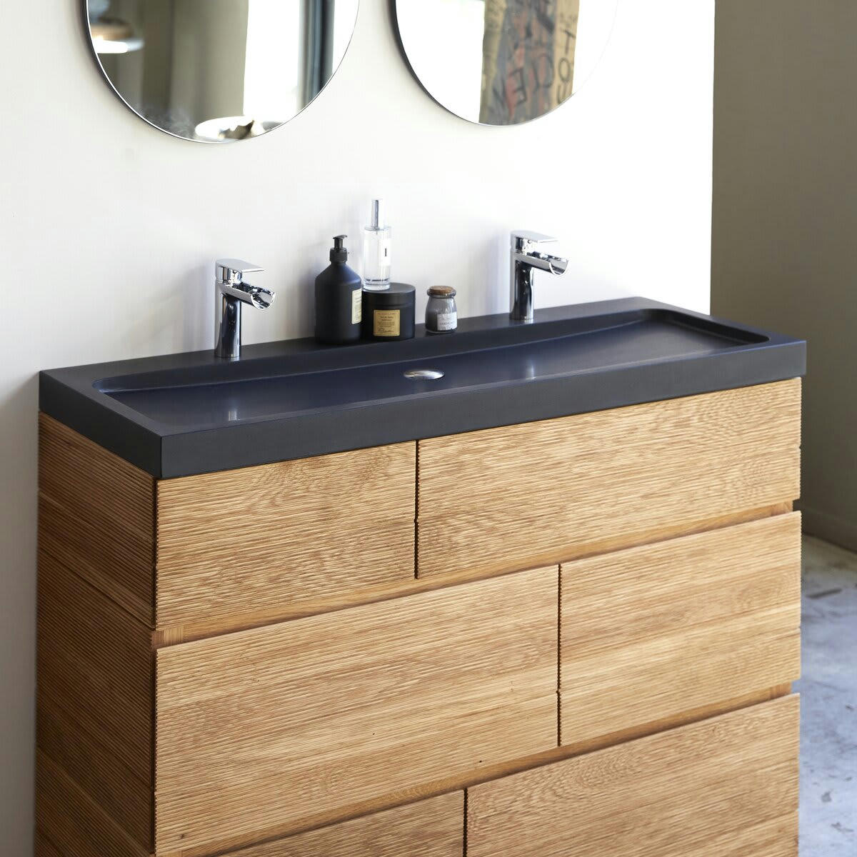 KARL - Meuble salle de bain en chêne massif et pierre de lave 120 cm