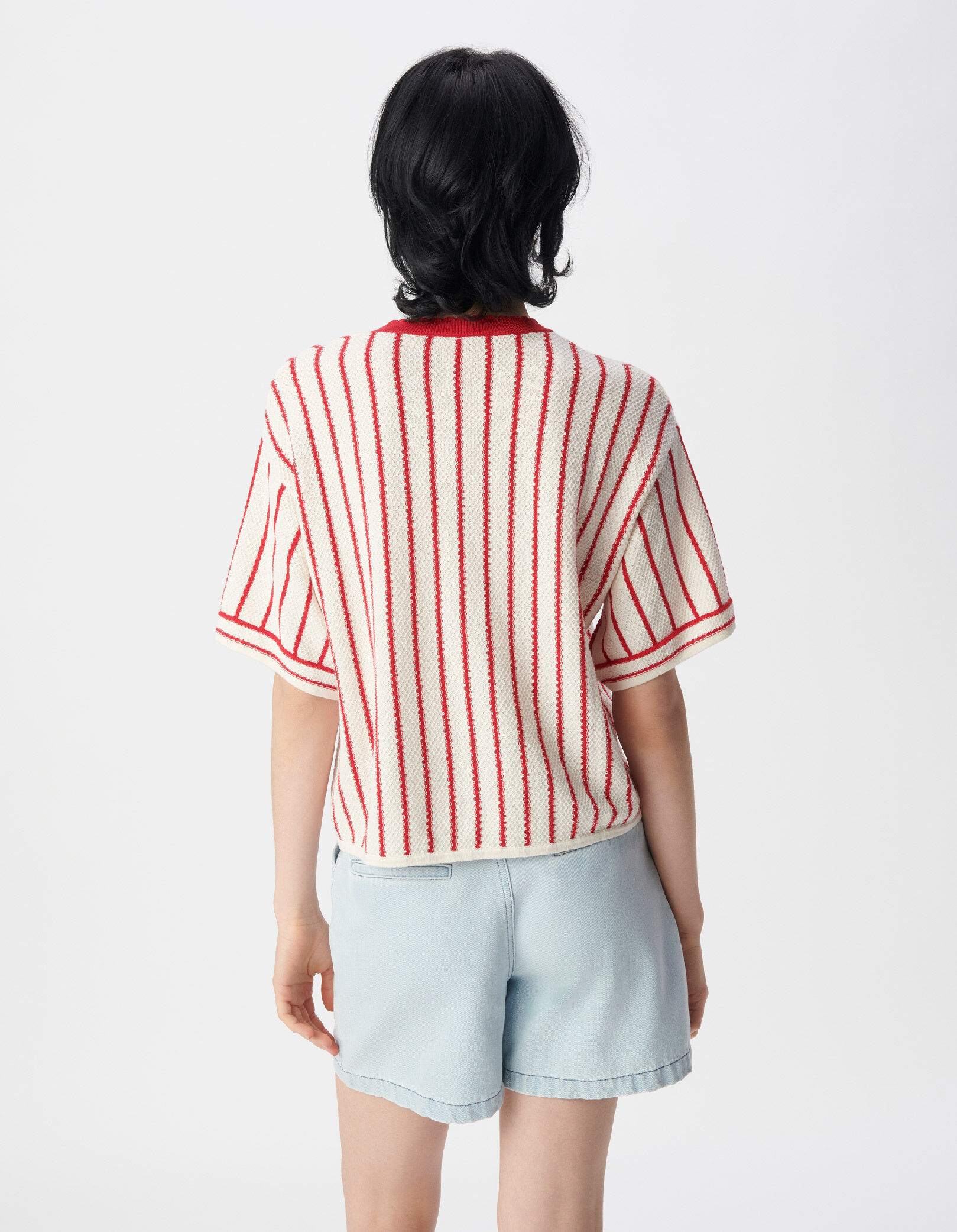 Tee-shirt blanc tricot coton bio rayures rouges Femme