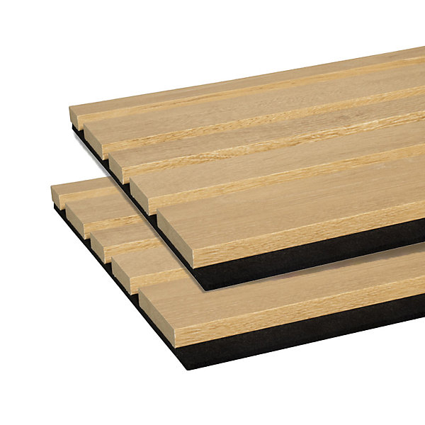 Lot de 2 Panneaux tasseaux acoustic asymétriquelamelles MDF chêne naturel sur fond noir 2600 x 300 x 17 mm -
