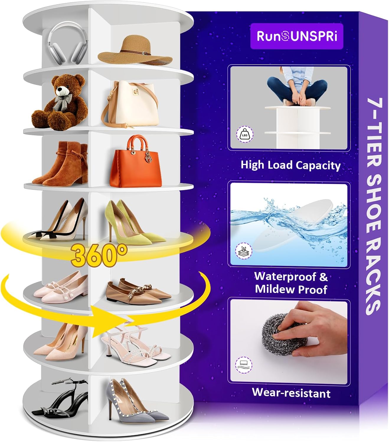 RUNSUNSPRI 7 Tier Rotating Shoe Rack Corner Organizer 360°Rotating Shoe Rack Tower Spinning Shoe Rack Tower for Bedroom Entryway Closet Holds 28-32 Pairs of Shoes Handbags Hats Display Decor