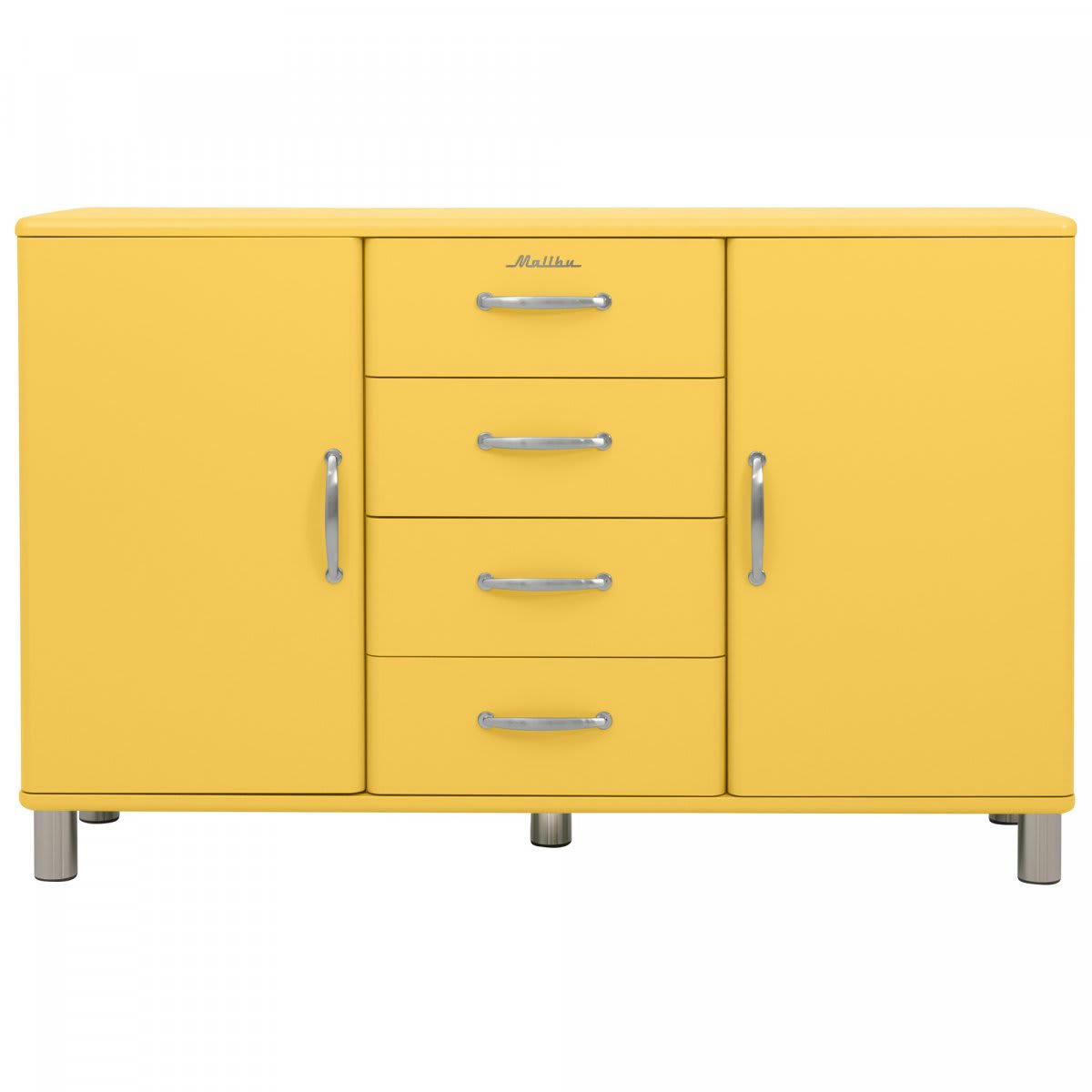 MALIBU - Buffet bas style rétro 2 placards 4 tiroirs moutarde
