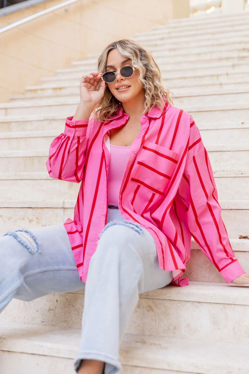 Lula Oversized Shirt in Disco Stripes Pink