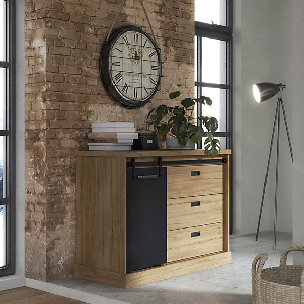 Commode 88 cm 3 tiroirs 1 porte décor bois de chêne et noir - FARM